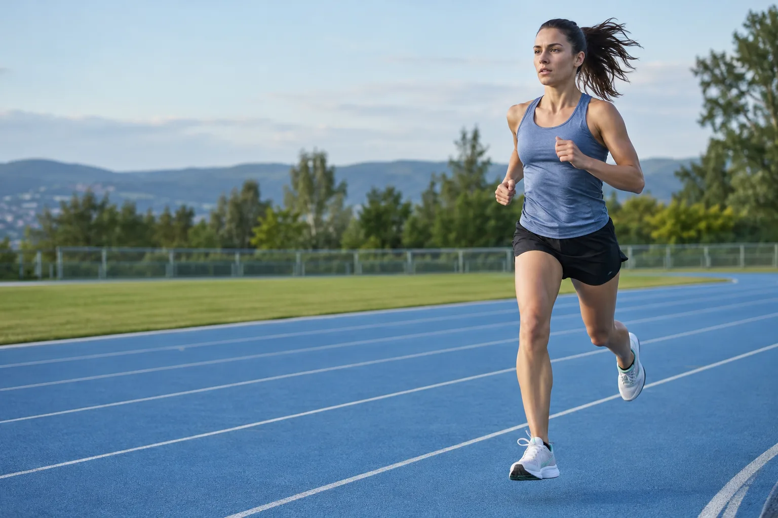 A runner training on a blue outdoor athletics track