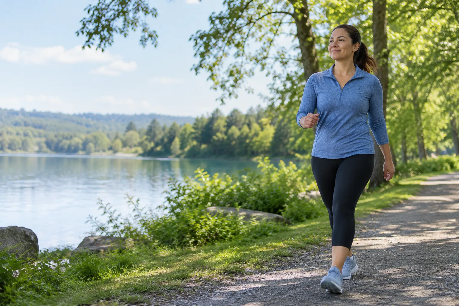 A beginner walking briskly on a leafy park path