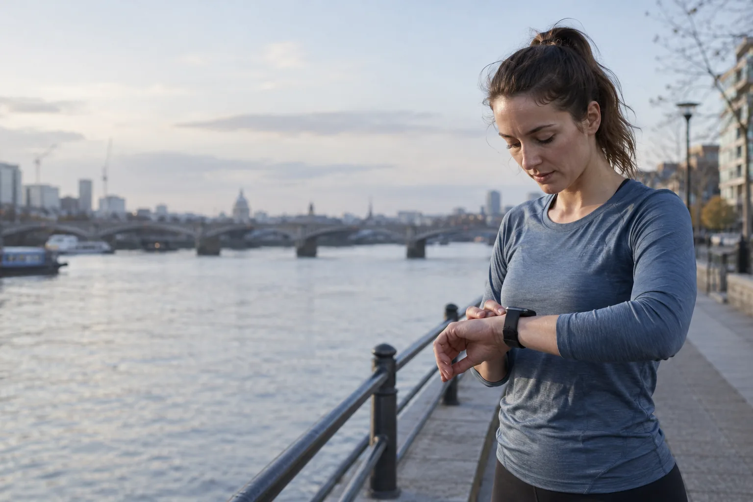 A runner checking a sports watch beside a quiet riverside route