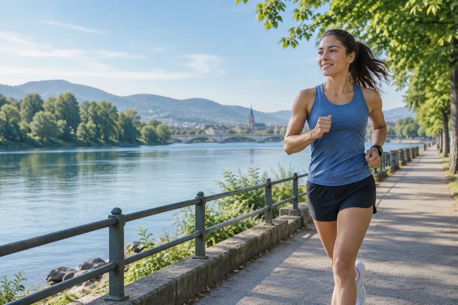 A woman jogging beside a quiet river