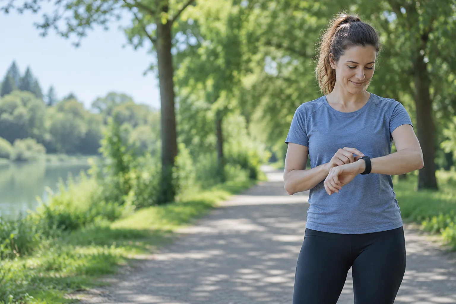 A runner checking a sports watch after a run on a leafy park path