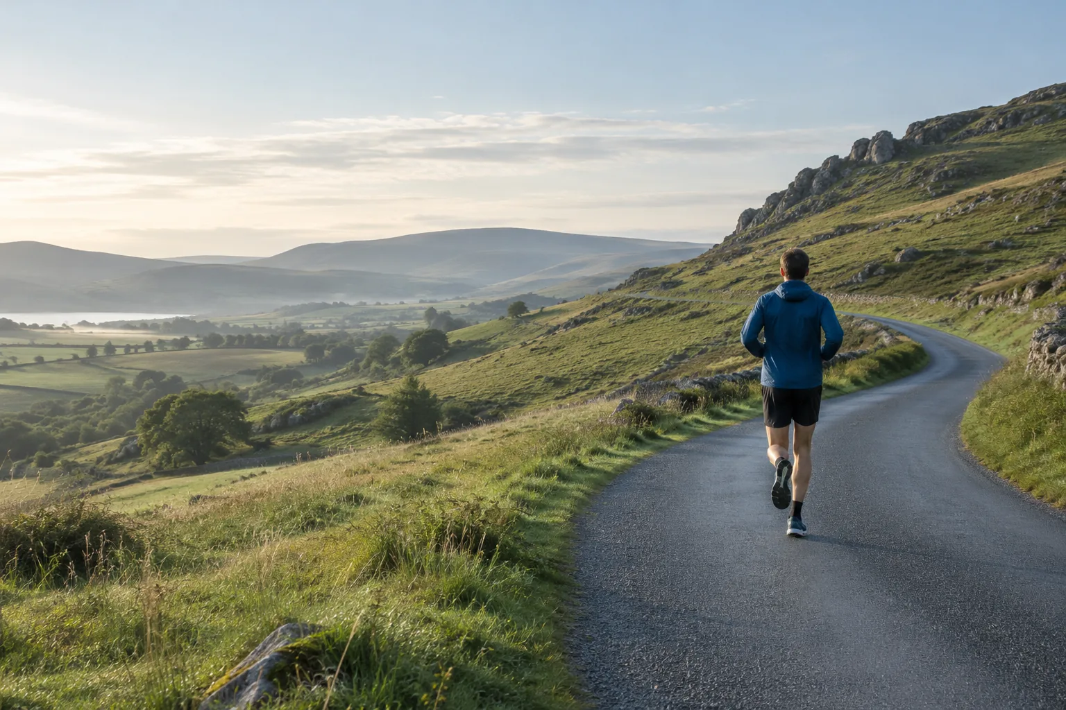 A runner following a winding countryside road through green hills