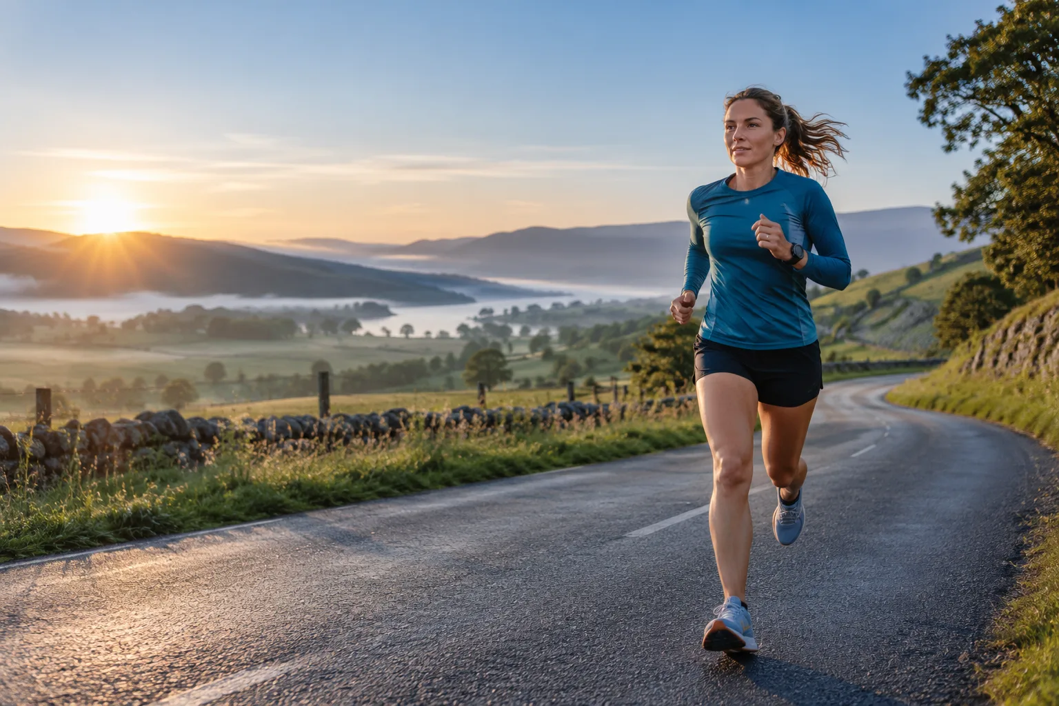 A runner on a rolling countryside road at sunrise