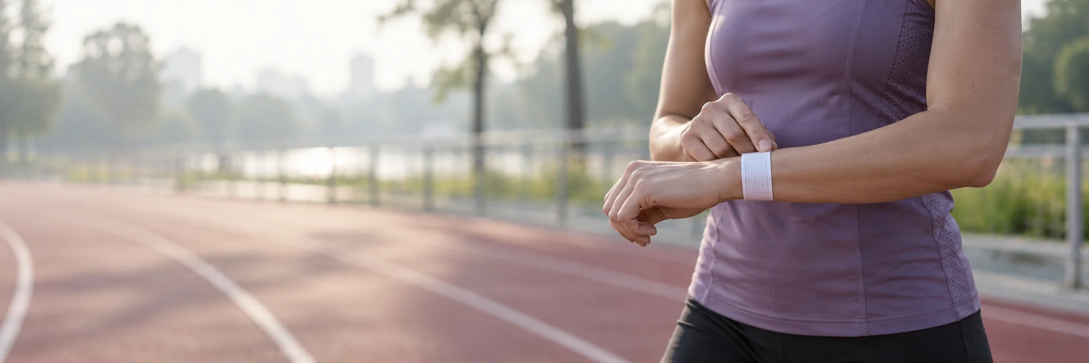 A runner checking a paper pace band on their wrist