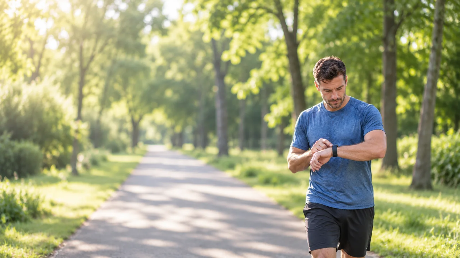 A runner checks his sports watch on a tree-lined park path
