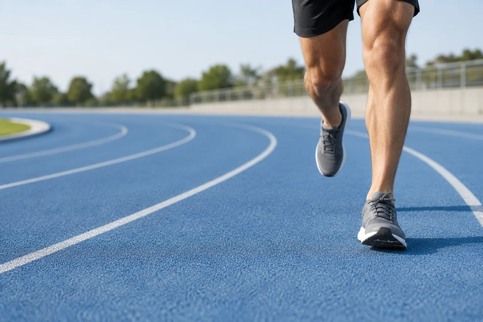 A runner's shoes and lower legs in stride on a blue running track