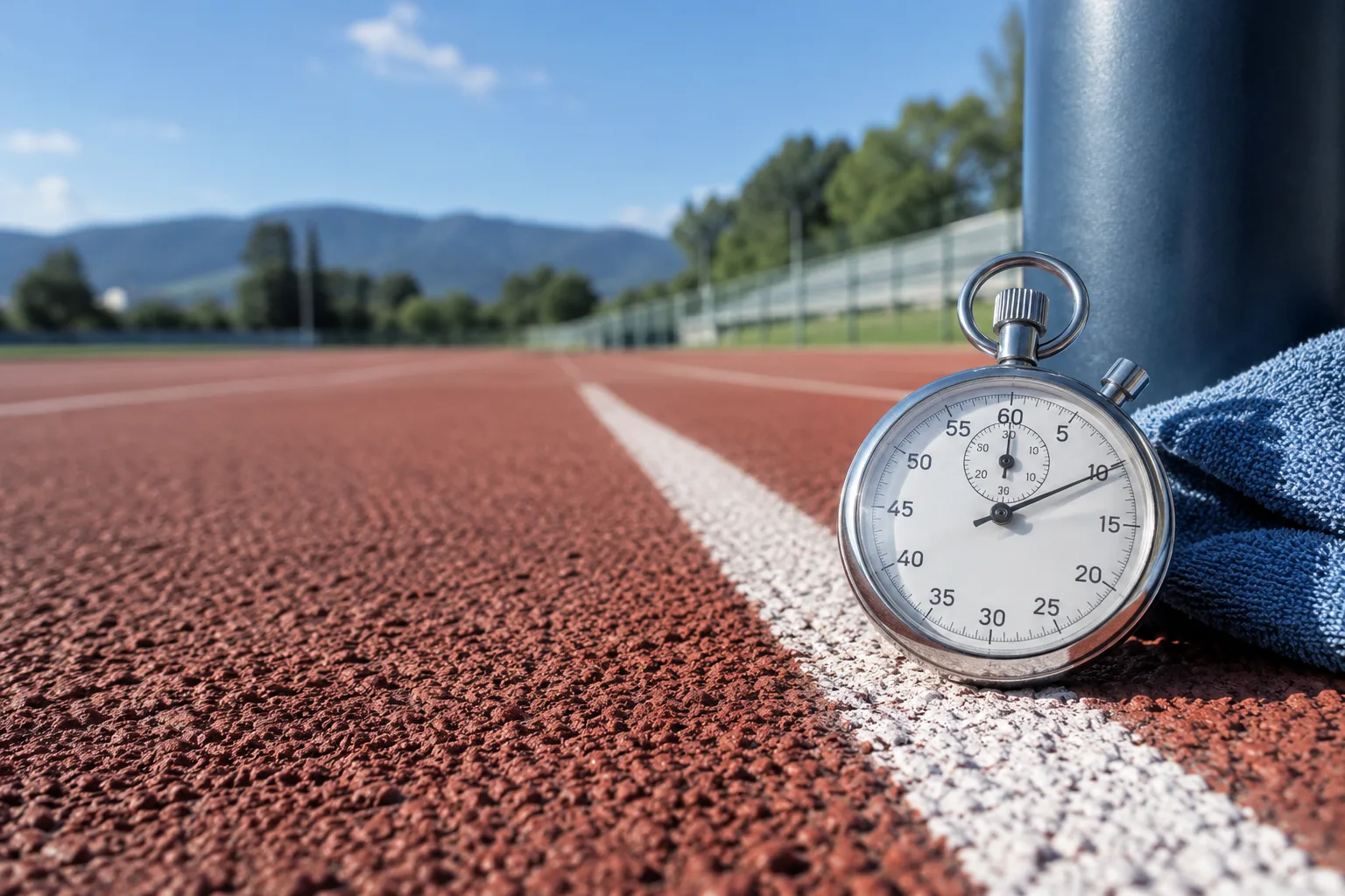 An unbranded stopwatch beside white track lane markings
