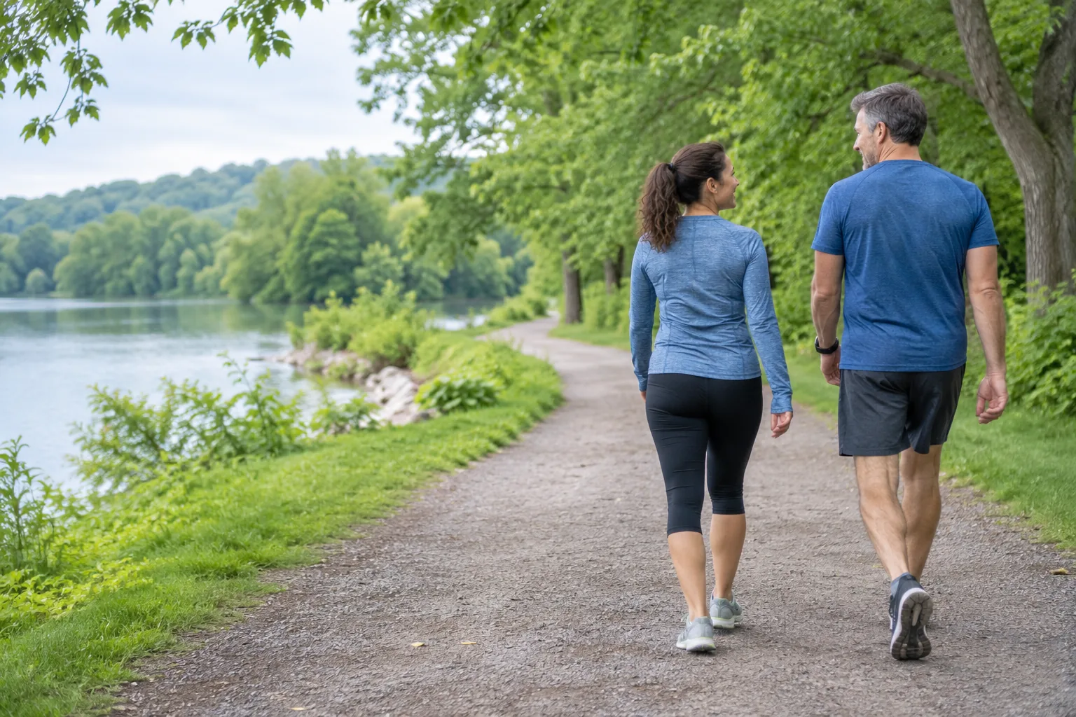 Two exercisers taking a walking interval on a leafy park path