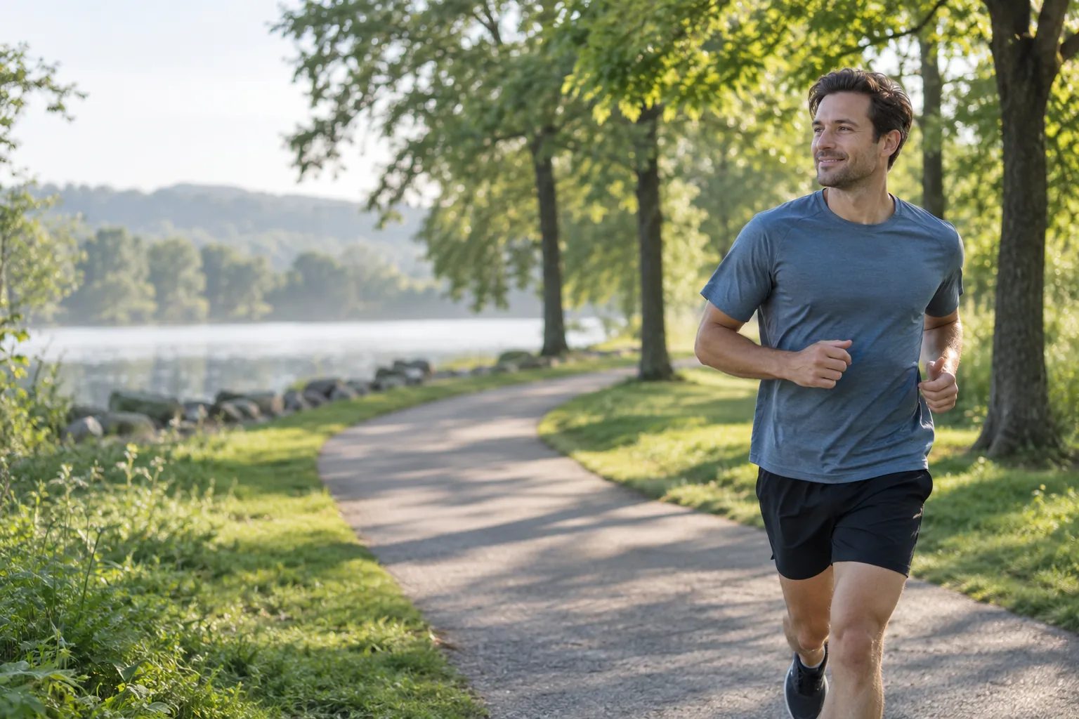 A runner taking an easy jog along a quiet tree-lined park path in morning light