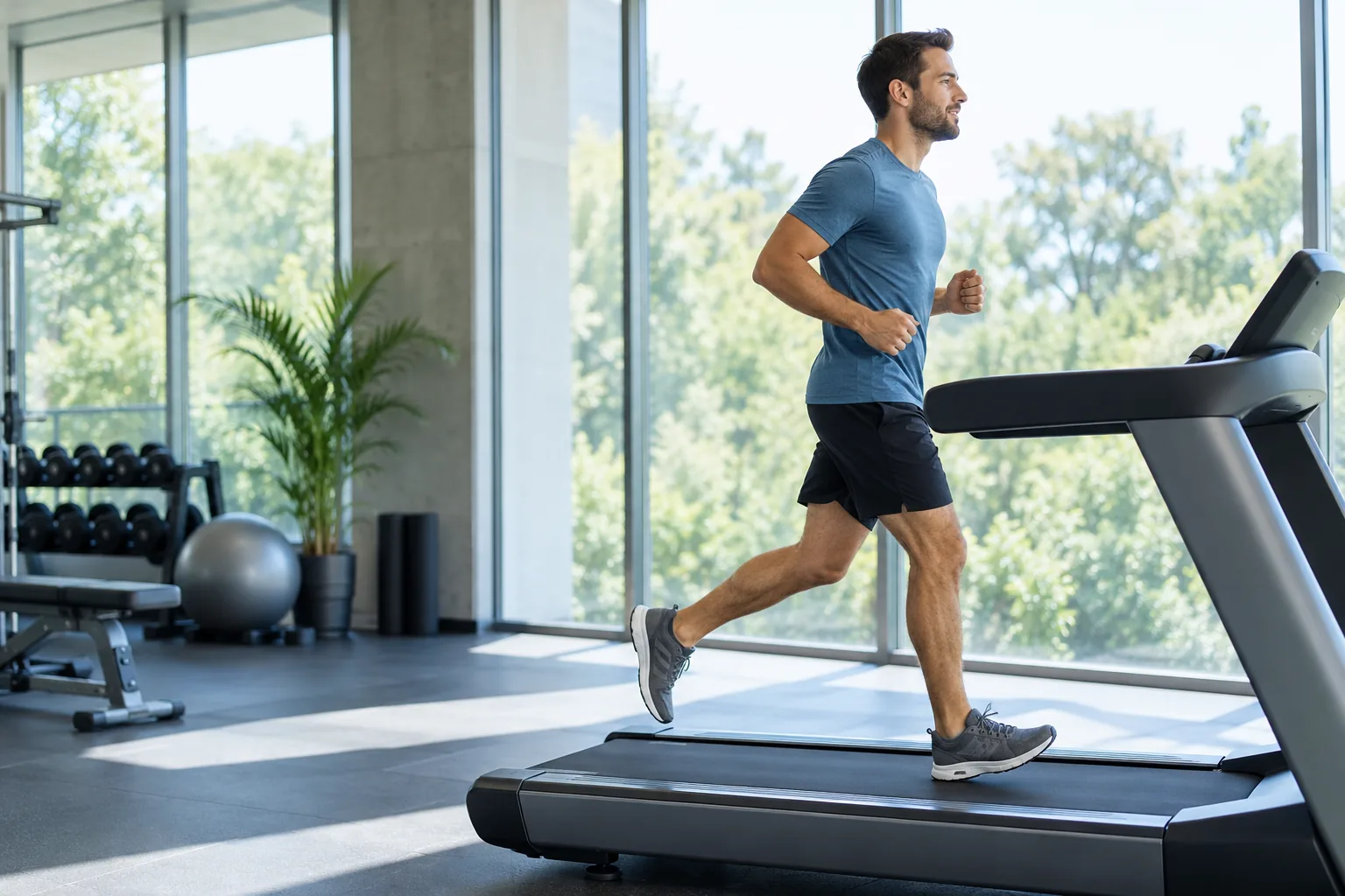 A runner jogging on a treadmill in a bright gym overlooking green trees
